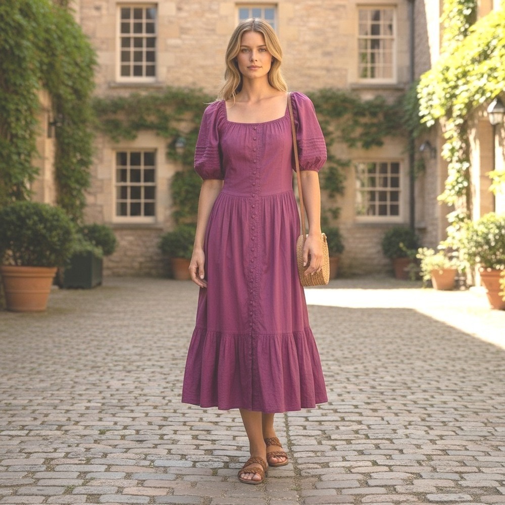Skunk Brazil Magenta Cotton Puff Sleeve Button Front Tiered Maxi Dress‎ Size 38